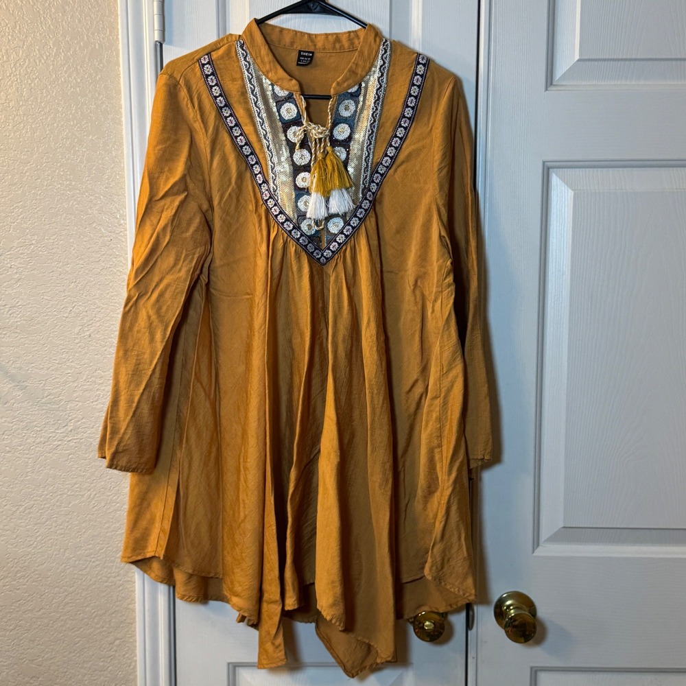 Mustard Yellow Boho Tunic Ornate Embroidered & Sequined V-Neck w/Tassels Size L